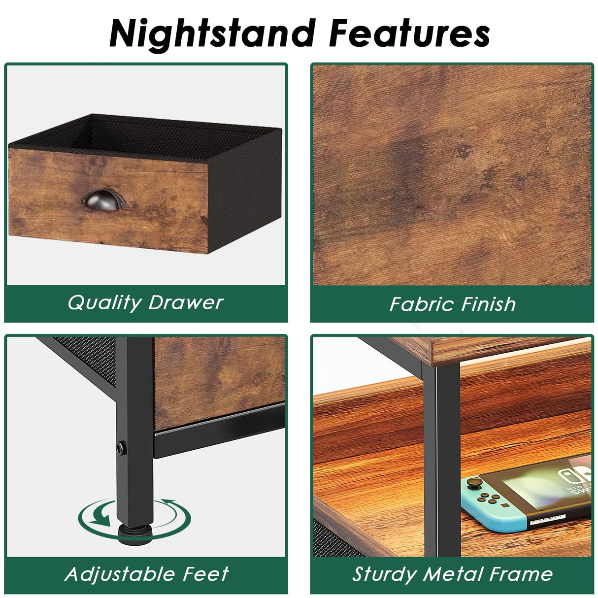 Nightstand with Charging Station,End Table with LED Light for Bedroom