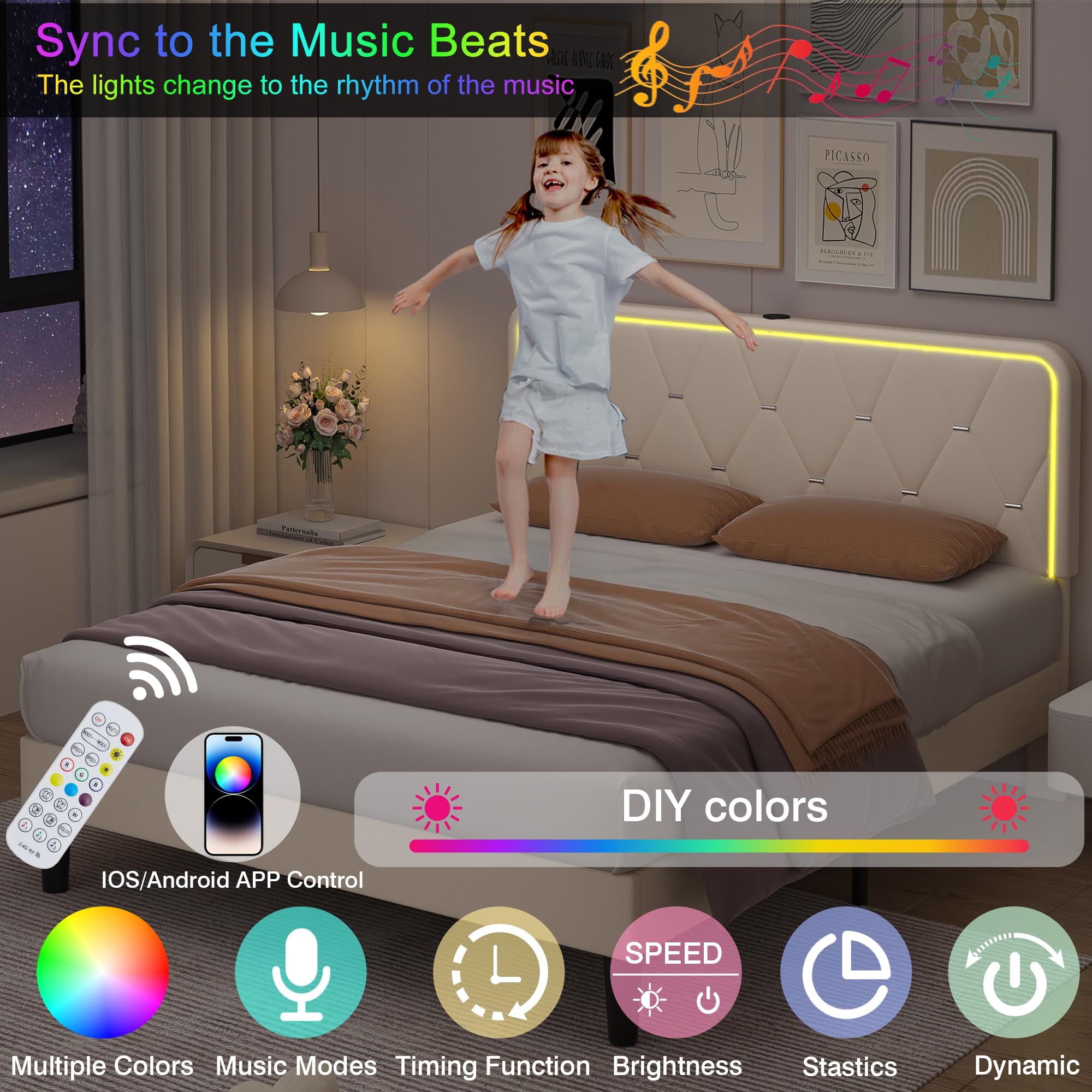 Upholstered Queen Bed Frame with Headboard Adjustable,