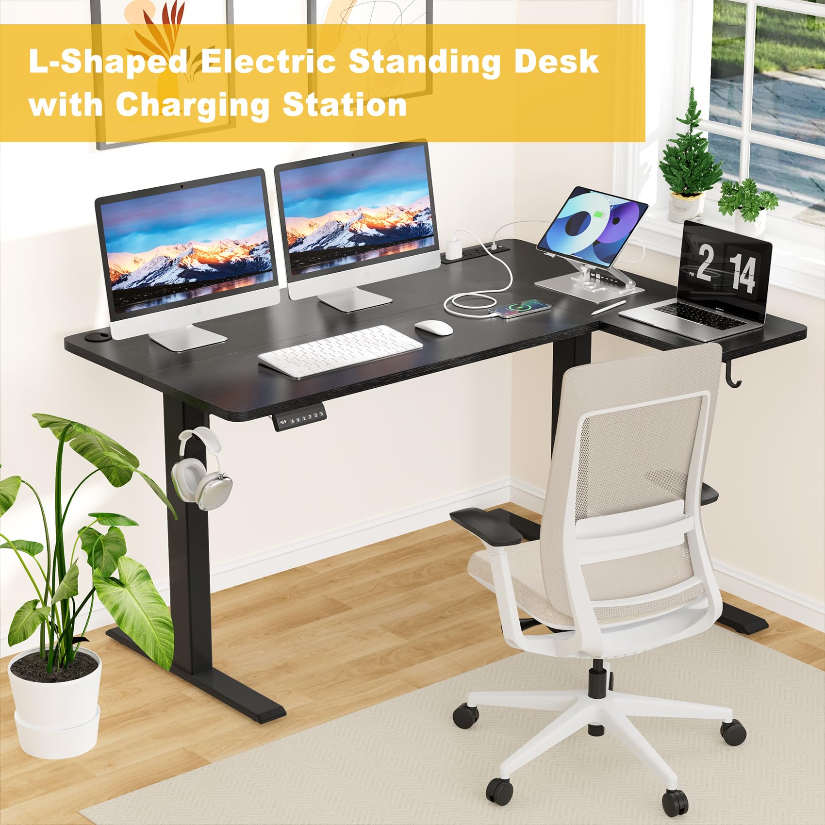 Mr IRONSTONE L Shaped Electric Standing Desk, 47 Inch Height Adjustable Desk with 3 AC Outlets & 2 USB Ports, Corner Adjustable Desk Sit Stand Desk Home Office Computer Desk, Black