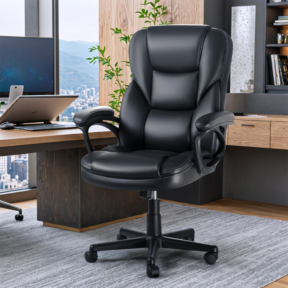 Office Chair High Back Managerial Home Desk Chair, Adjustable Swivel Computer PU Leather Chair with Lumbar Support (Black)