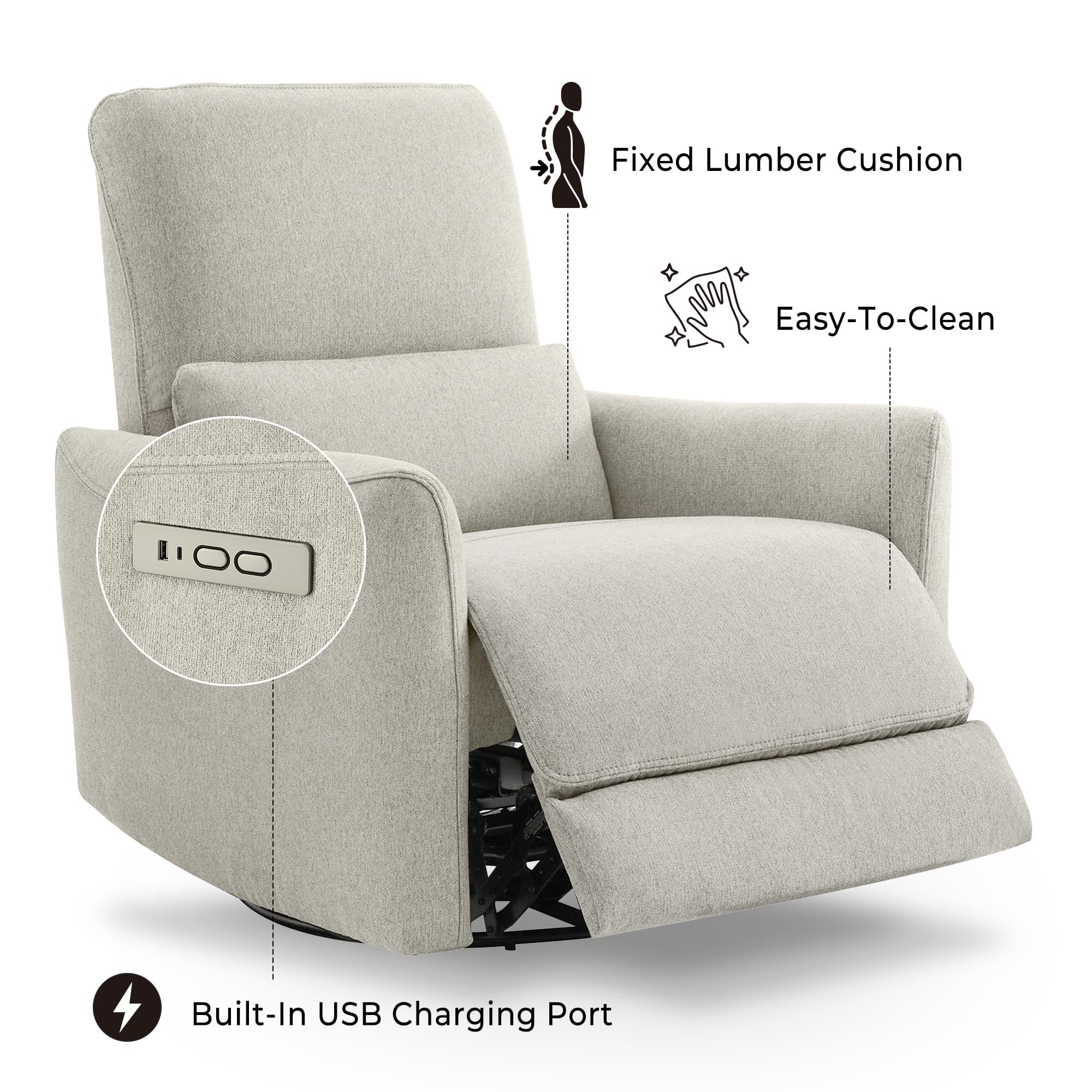 MammaNest Power Glider Swivel Recliner – 270° Rocker with USB