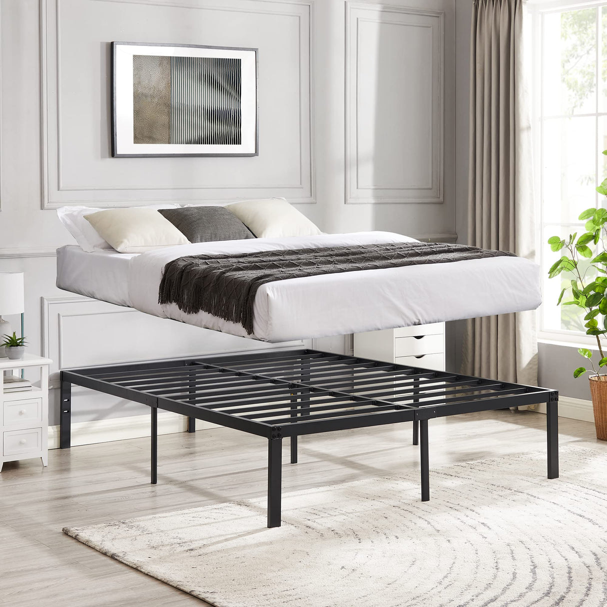 16" Queen Size Tall Metal Platform Bed Frame,Heavy Duty Steel Slat/Easy Assembly Mattress