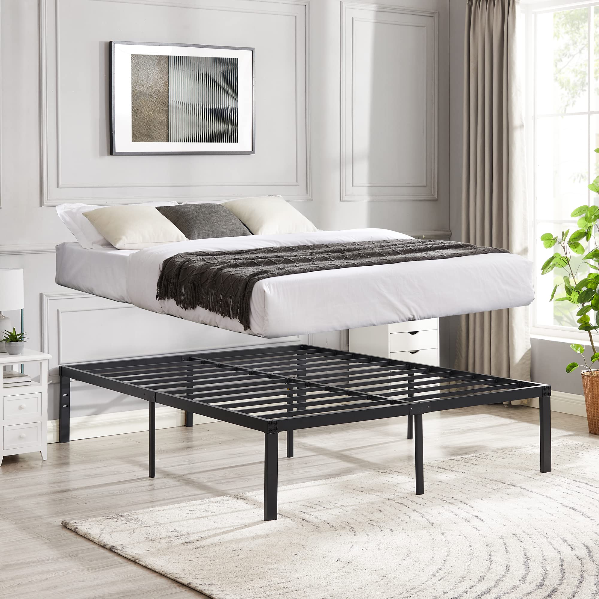 16" Queen Size Tall Metal Platform Bed Frame,Heavy Duty Steel Slat/Easy Assembly Mattress