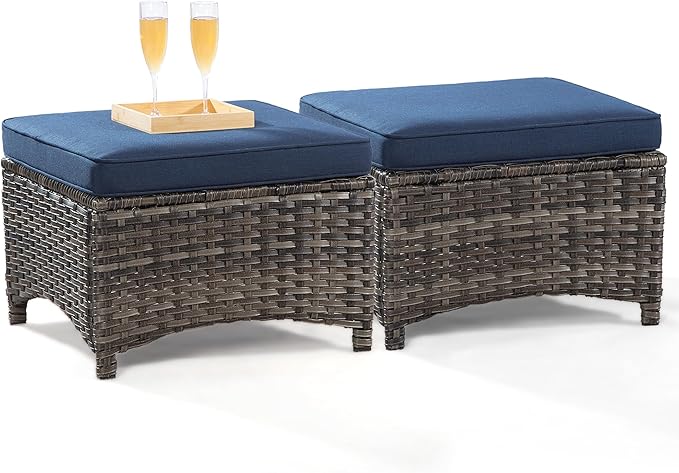 Outdoor Ottomans for Patio Set of 2 PE Wicker Steel Frame Outdoor Footstool