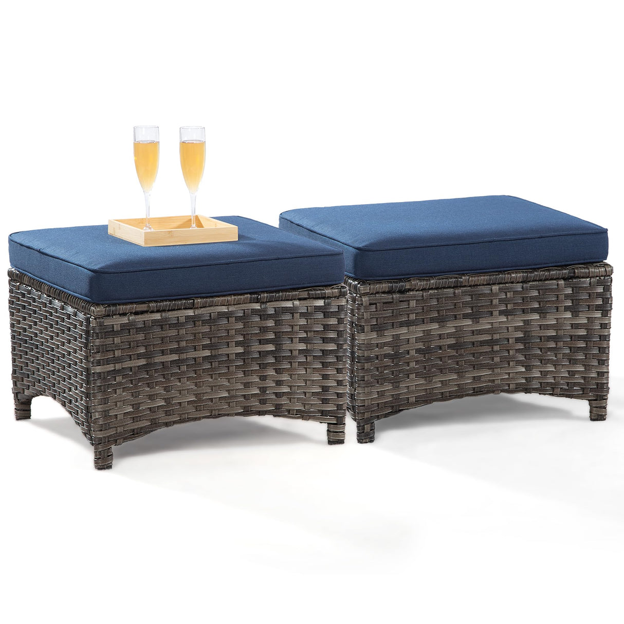 Outdoor Ottomans for Patio Set of 2 PE Wicker Steel Frame Outdoor Footstool