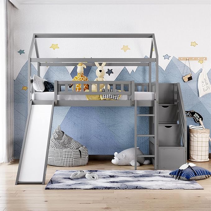 Loft Bed with Slide, House Loft Beds Twin Size with Step Storage Drawers Stairway