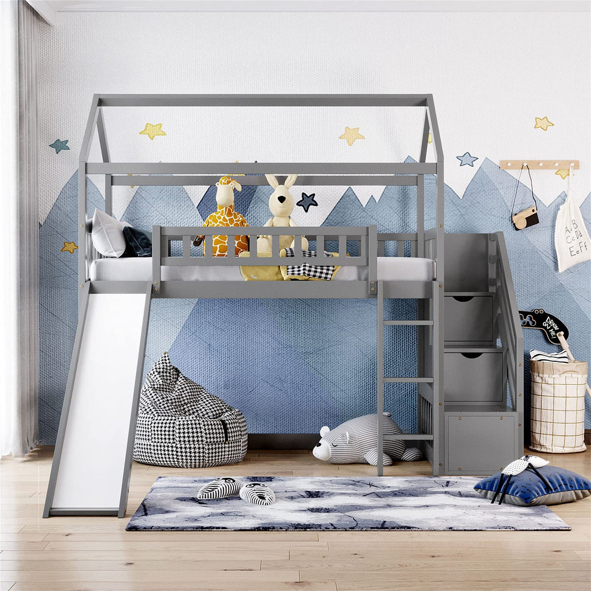Loft Bed with Slide, House Loft Beds Twin Size with Step Storage Drawers Stairway