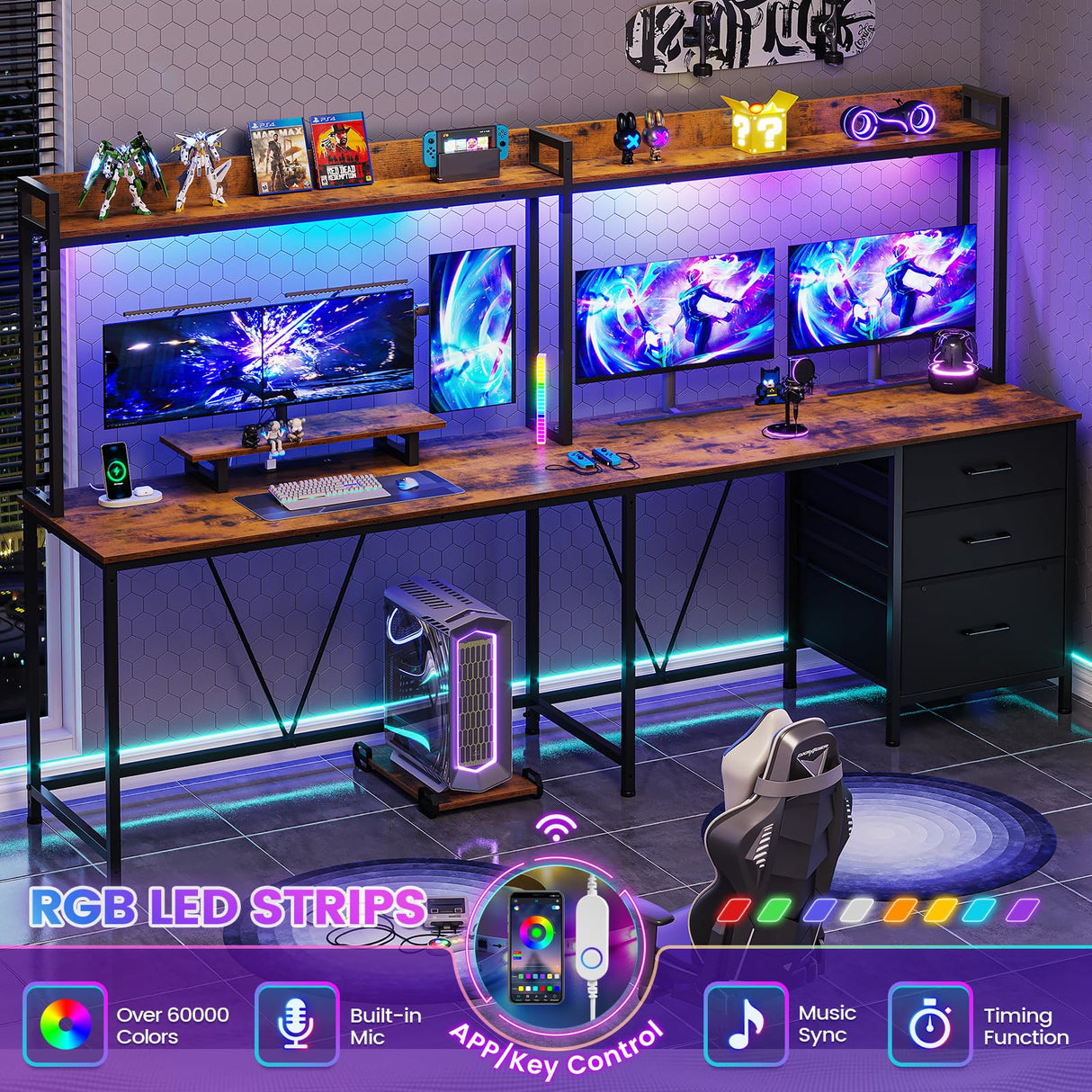 L Shaped Gaming Desk with Shelves, Reversible Computer Desk with Power Outlet & LED