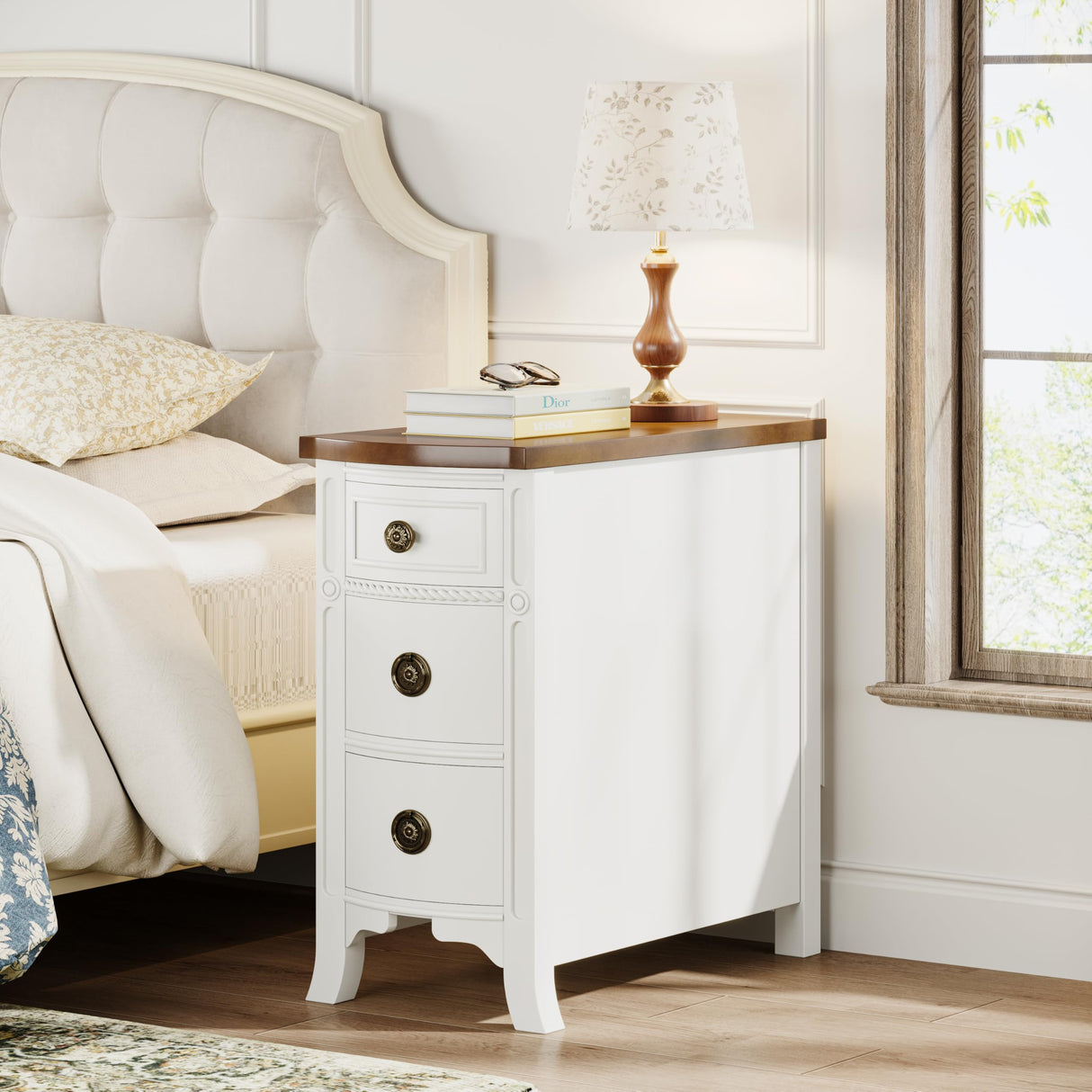 Solid Wood End Table, 3-Drawer Narrow Side Table