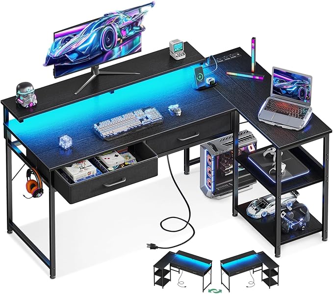 40 Inch L Shaped Gaming Desk with 2 Drawers & Storage Shelves, Computer Desk