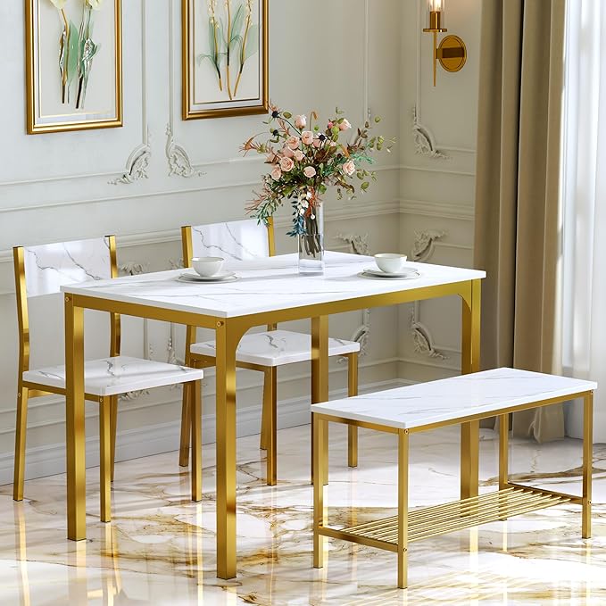 4-Piece Kitchen Dining Table Set with 1 Bench and 2 Chairs, Kitchen Bench Table Set for 4,