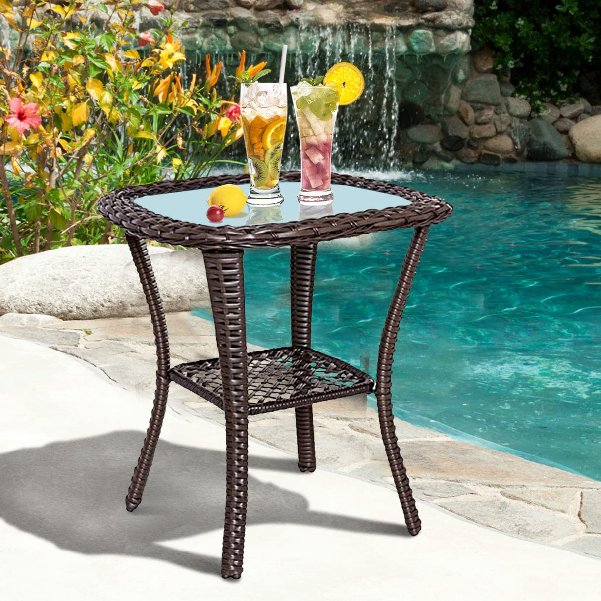 Outdoor Side Table, Indoor Outdoor Tempered Glass Top Wicker Coffee Bistro Table