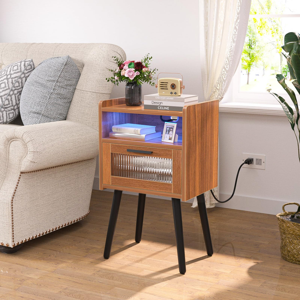 Set of 2 Mid Century Nightstand with Charging Station, Mid Century LED Light Modern End Table