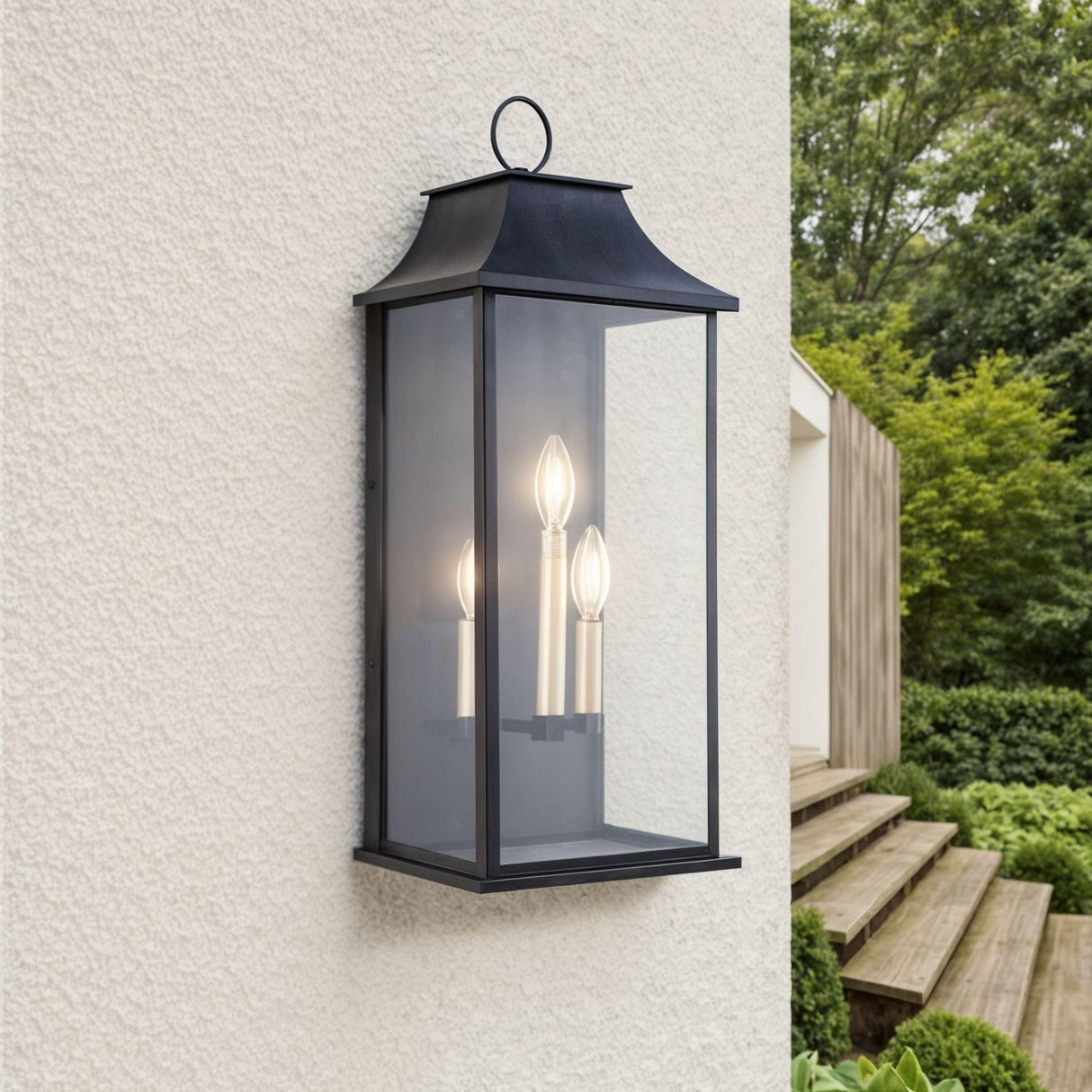 Dusk to Dawn Outdoor Wall Light 3-Light, 25" Large Outdoor Light Fixture, Black Exterior Wall Lantern
