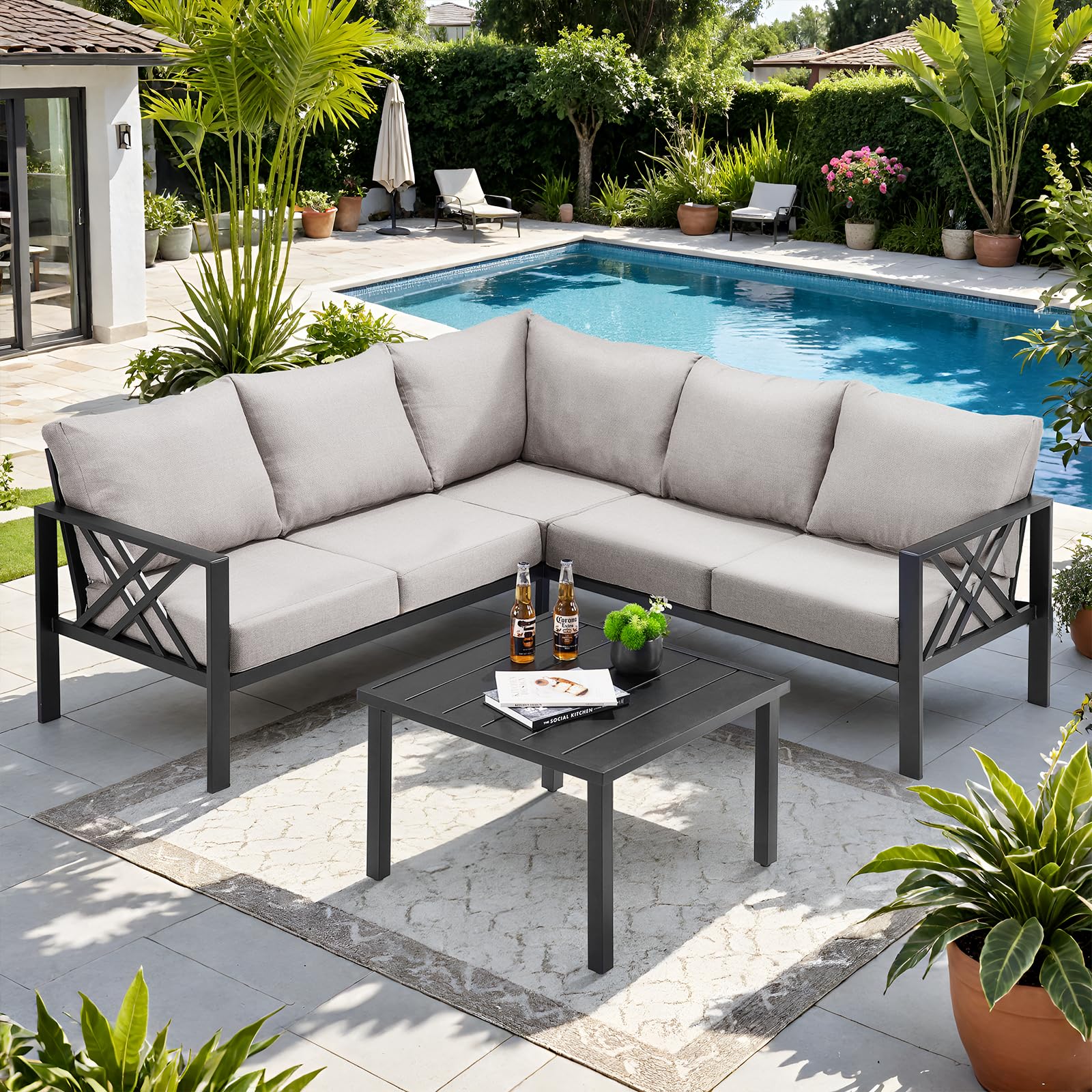 Patio Furniture Set, 6 Pieces L-Shaped Outdoor Couch Sectional with 2.4" Wide Armrest