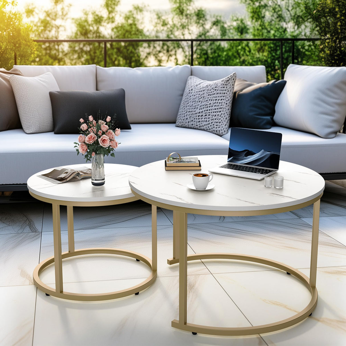 27.5" Nesting Coffee Table,Round Marble Coffee Table Set of 2