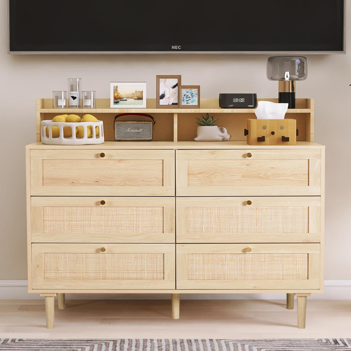 Rattan Dresser for Bedroom with Shelves, Modern 6 Drawer Double Dresser