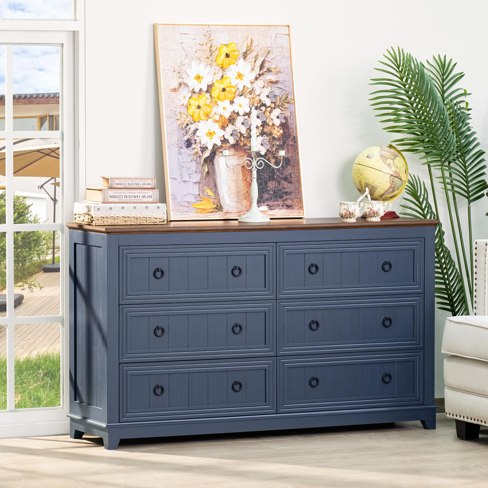 Farmhouse 6 Drawers Dresser for Bedroom, 58 Inch Wide Wood Dresser Chest of Drawers