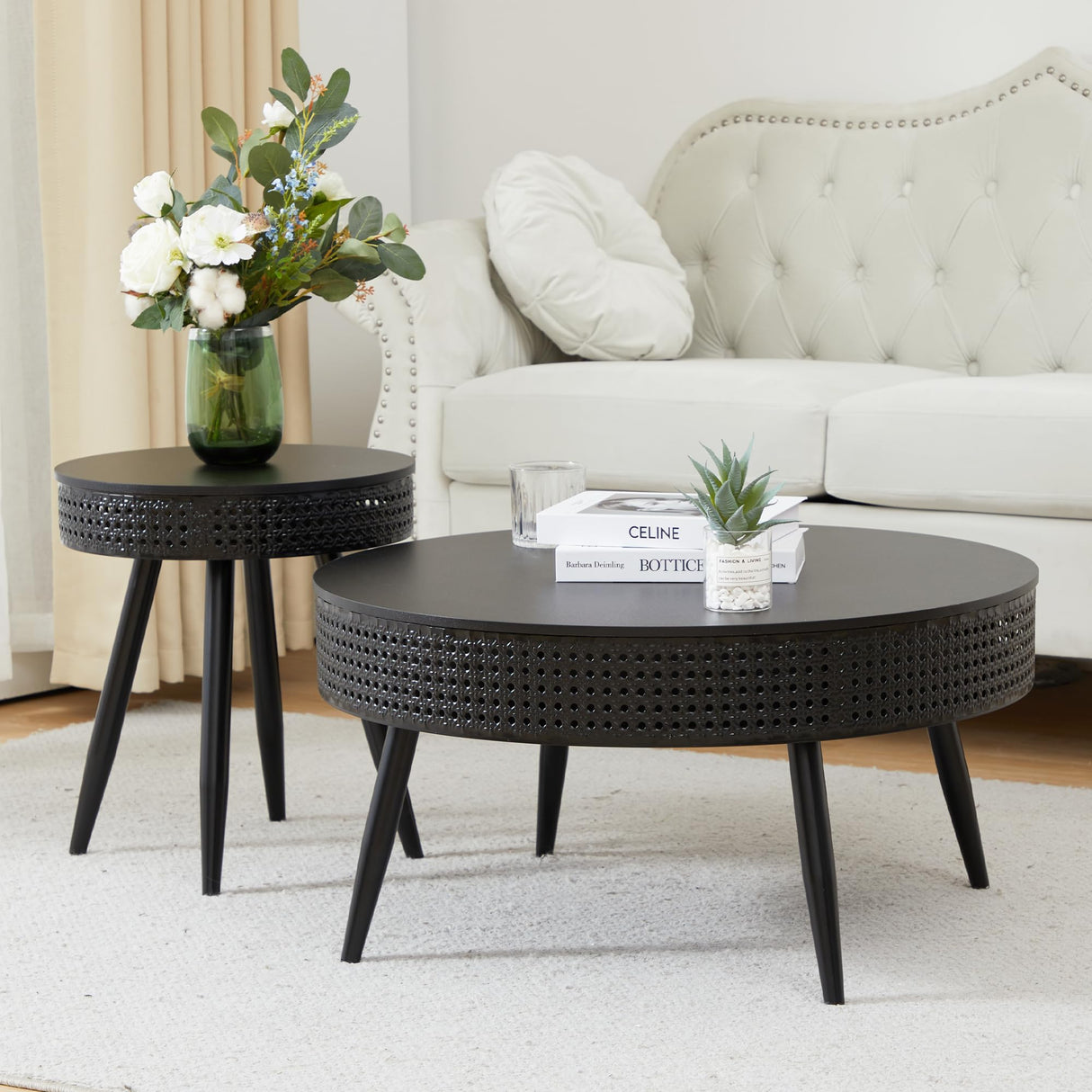 Modern Farmhouse Round End Table Set of 2,Iron Rattan Coffee Table