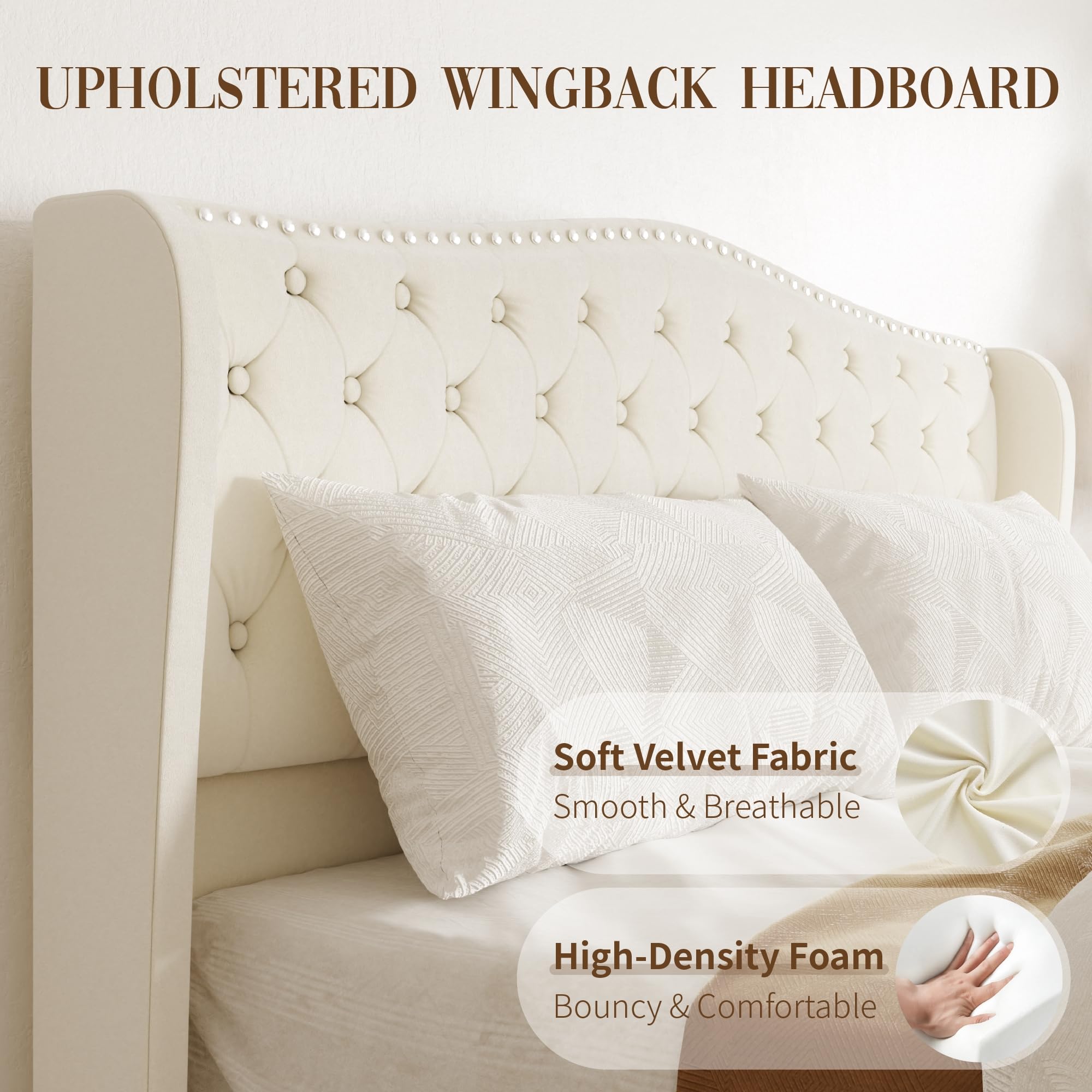 SwnftWinnt Queen Size Upholstered Bed Frame, Velvet Luxury Wingback Headback, Platform Bed with Deep Button Tufted & Nailhead Trim, No Box Spring Needed, Noise Free, Easy Assembly, Beige