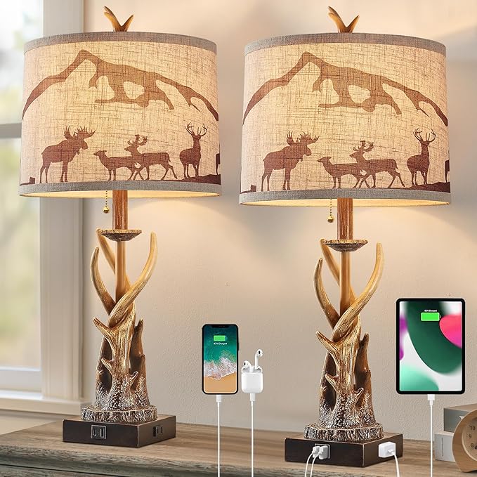 Antler Table Lamps Set of 2 with USB A+C Ports for Bedroom Farmhouse Deer Rustic