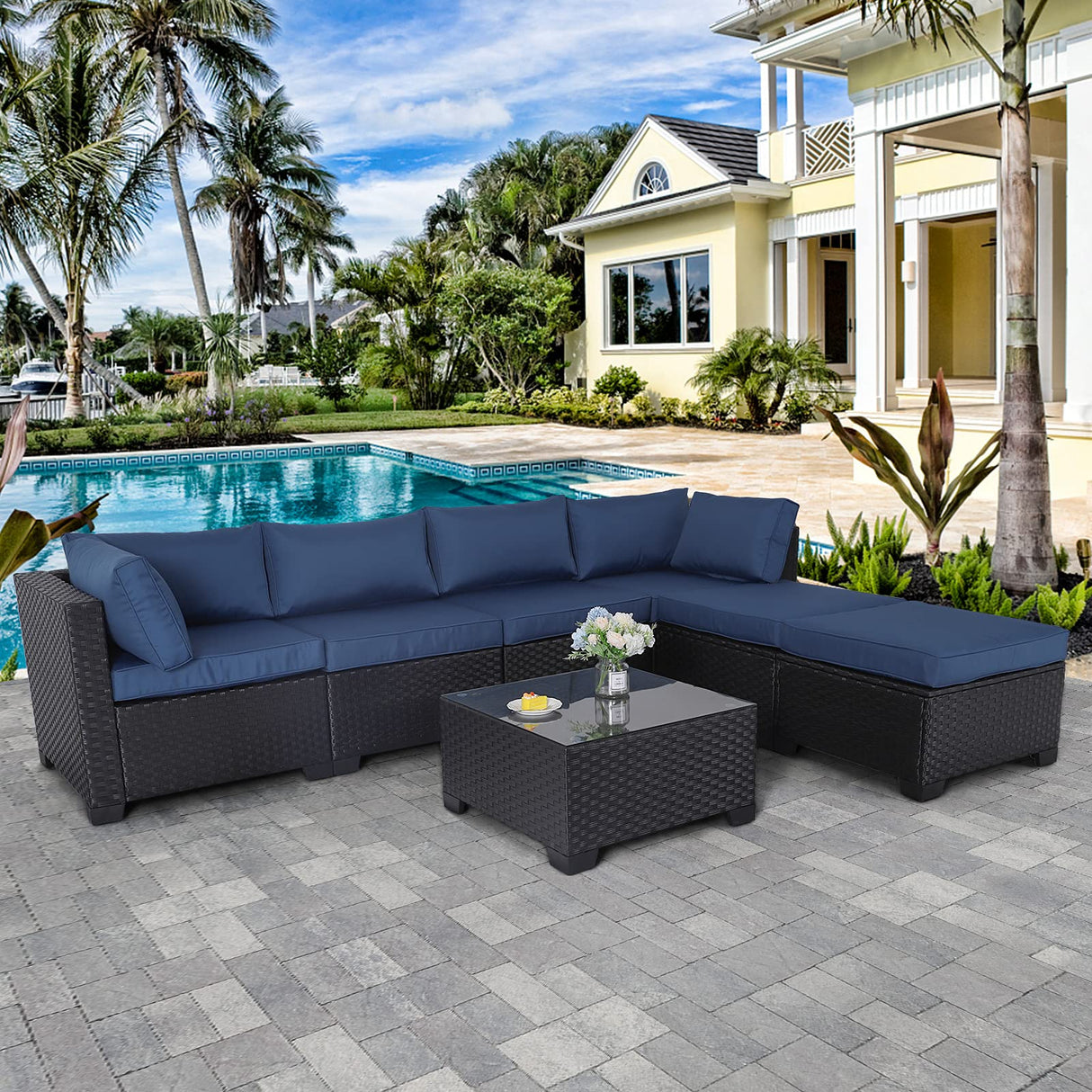 7 Pieces Outdoor PE Wicker Furniture Set Patio Rattan Sectional Conversation Sofa Set