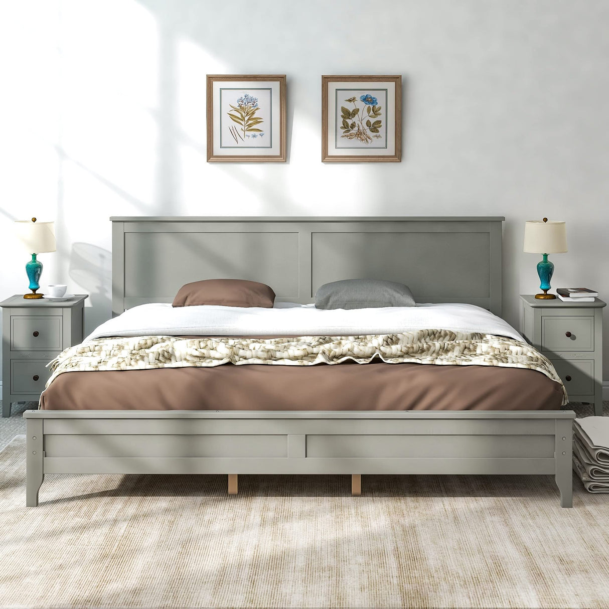 Modern Solid Wood King Platform Bed White Full
