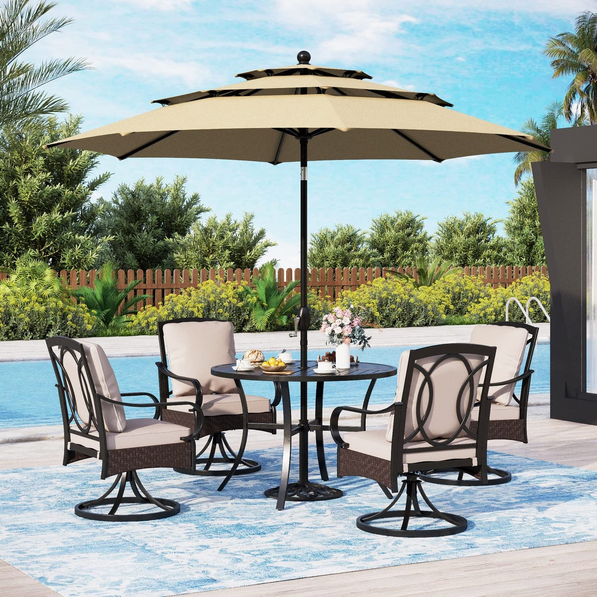 Patio Dining Set for 4, Outdoor Table Furniture Set 5 Piece with 4 Padded Swivel Dining