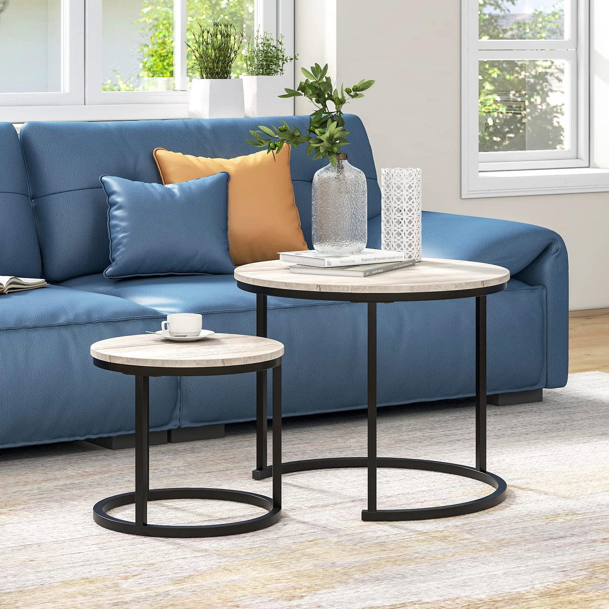 Industrial Round Coffee Table Set of 2 for Living Room,Rustic Small Wood Coffee Table