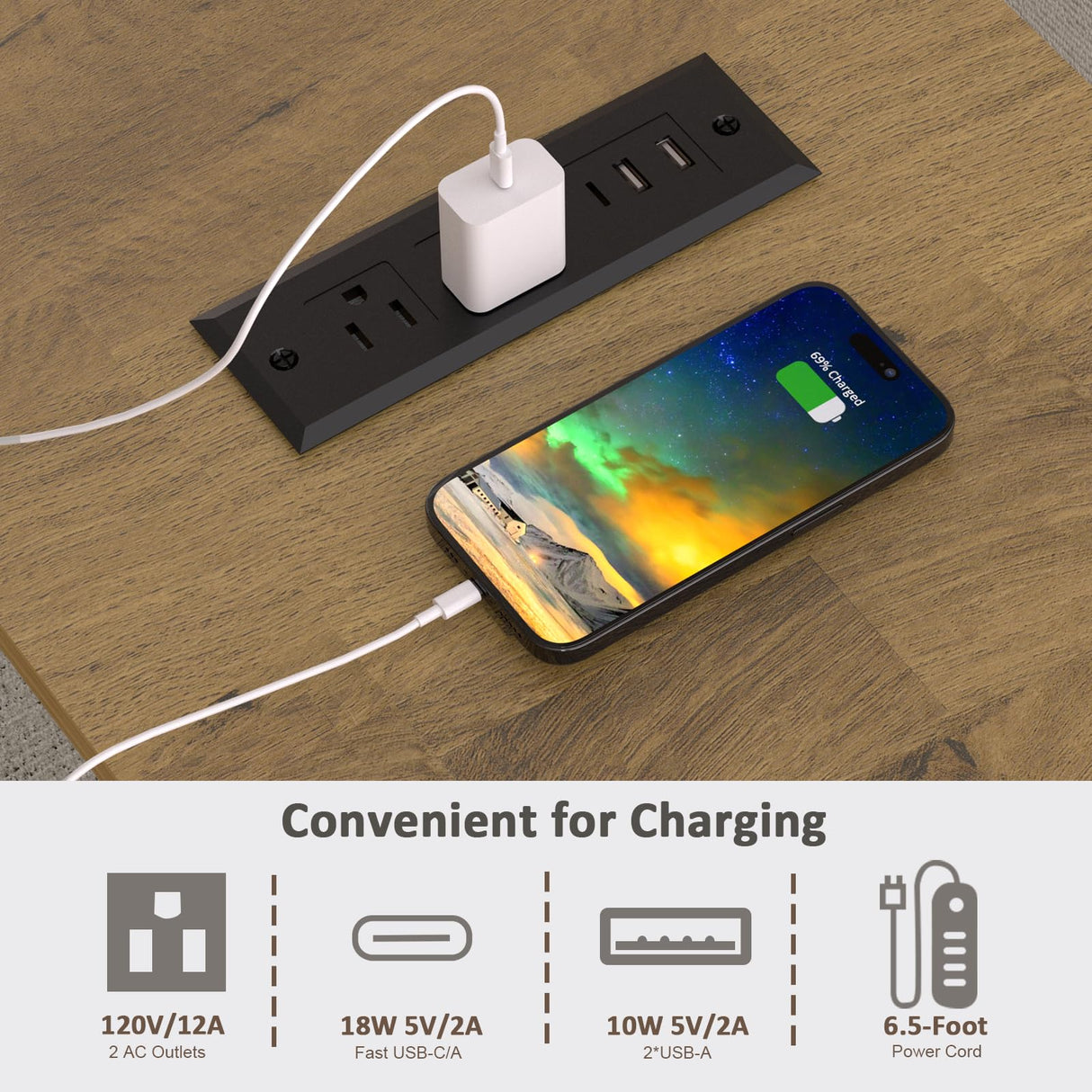 REDAYFUR 24" Large End Table with Charging Station, Sofa Side Table with Drawers, Square Storage Table with 2 Open Mind Drawers & Adjustable Storage Shelf for Living Room,Study Room,Antique White