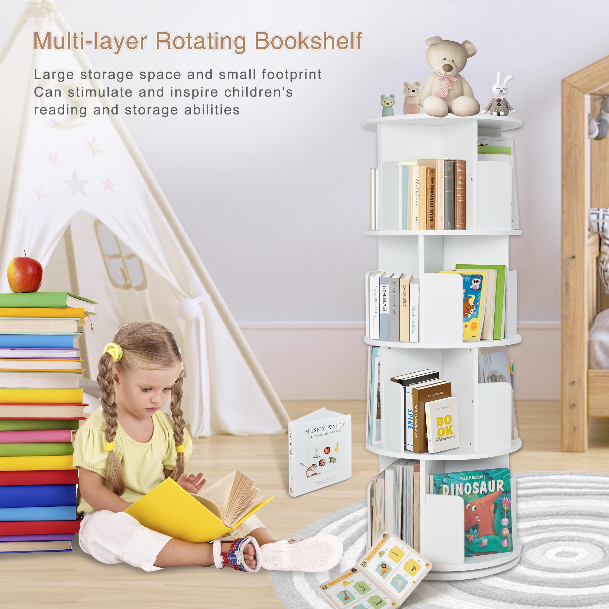 Rotating Bookshelf,Wood Corner Bookshelf 4 Tier 360 Display Spinning Bookshelf Floor Standing Bookcase White Stackable Bookshelf Storage Rack Organizer for Small Space Bedroom Living Room Study Room