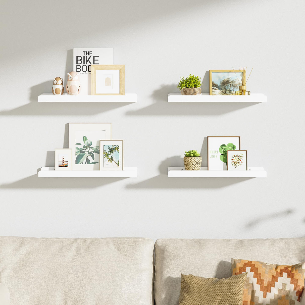 White Floating Shelves for Wall Set of 4, Wood Wall Shelves with Lip