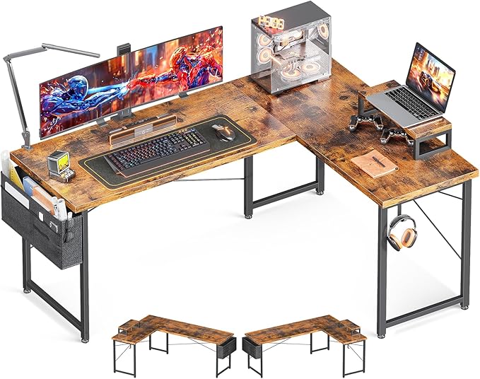 L Shaped Computer Desk with Storage Bag, 57.5 Inch Reversible Gaming Desk, Home