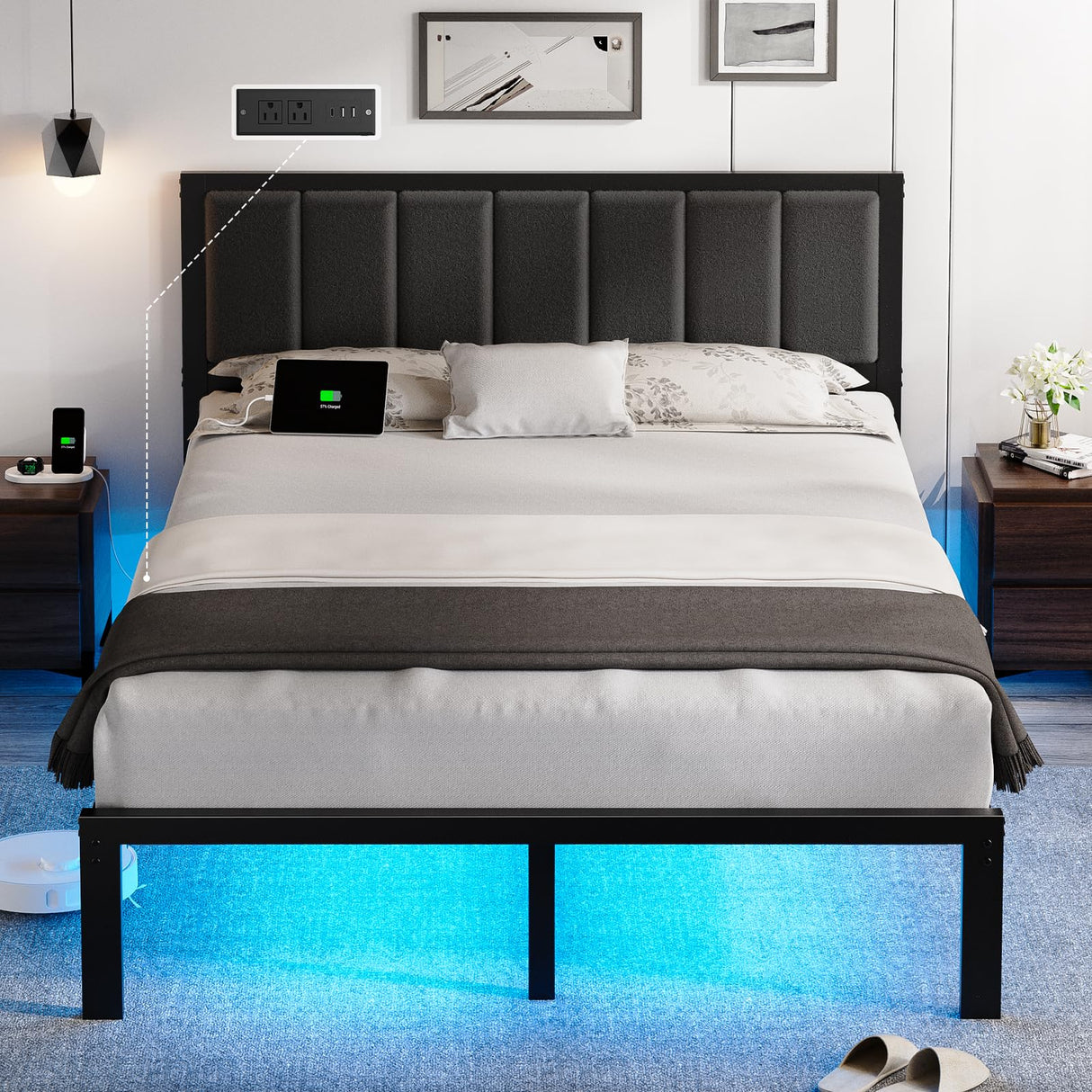 Queen Bed Frame with Headboard, USB Charging & LED Lights