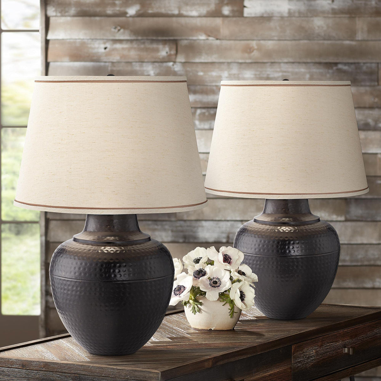Brighton Rustic Traditional Farmhouse Table Lamps 27.25" Tall Set of 2 Hammered Bronze