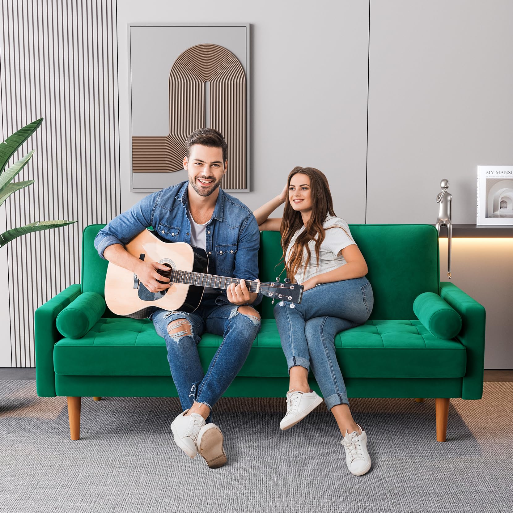 Loveseat Sofa, 70" Green Velvet Couch, Mid Century Modern Couch with Tufted Seat