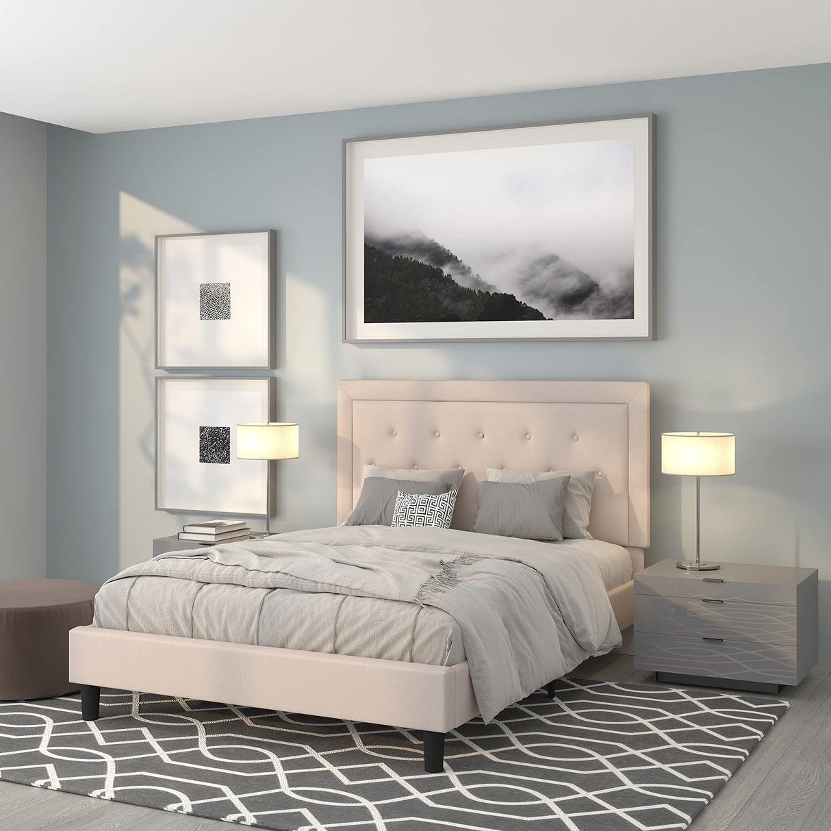 Roxbury Queen Size Tufted Upholstered Platform Bed in Beige Fabric