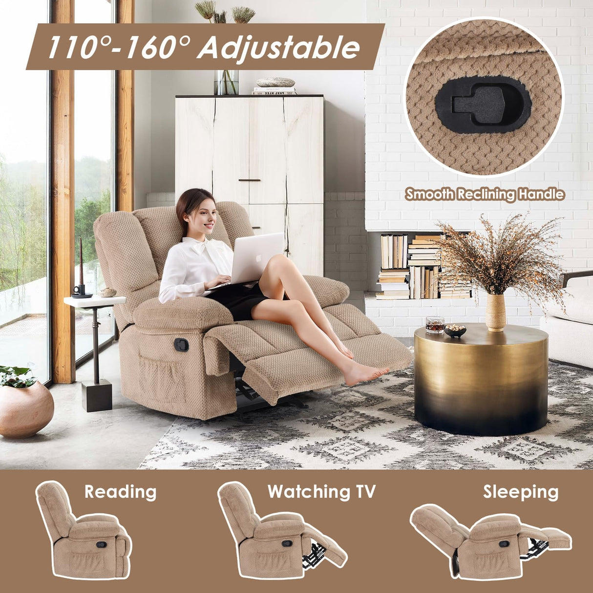 CloudEase Duo Recliner Sofa – 2 Seater Manual Pull Tab Reclining Couch with Soft Fabric for RV