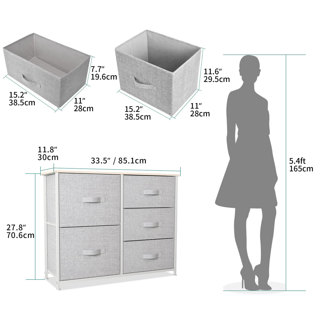 Dresser with 5 Drawers - Fabric Storage Tower, Organizer Unit for Bedroom