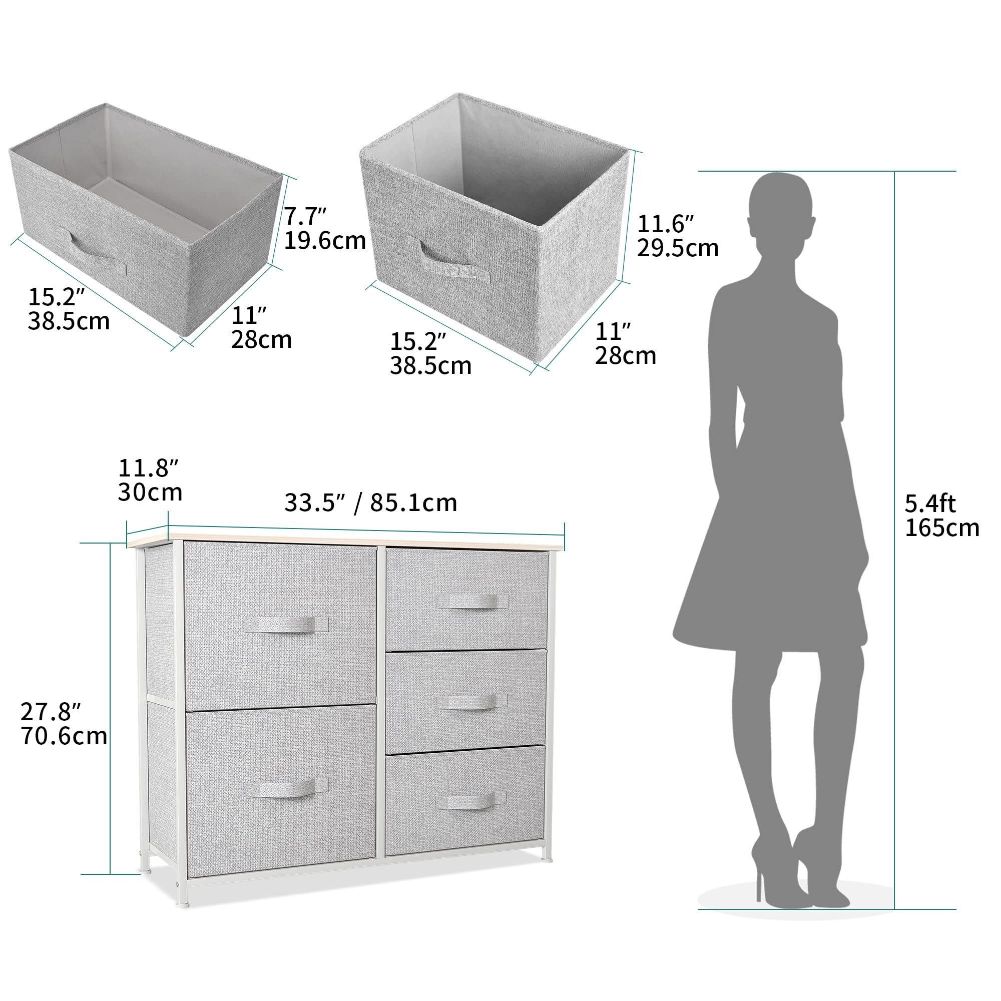 Dresser with 5 Drawers - Fabric Storage Tower, Organizer Unit for Bedroom