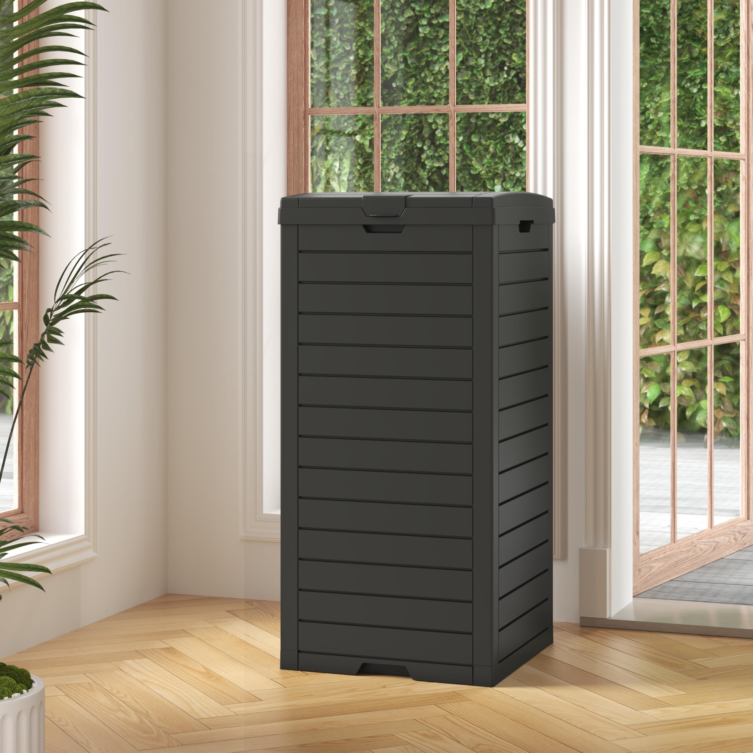 Outdoor Trash Can, 31 Gallon Garbage Can with Tiered Lid and Drip Tray