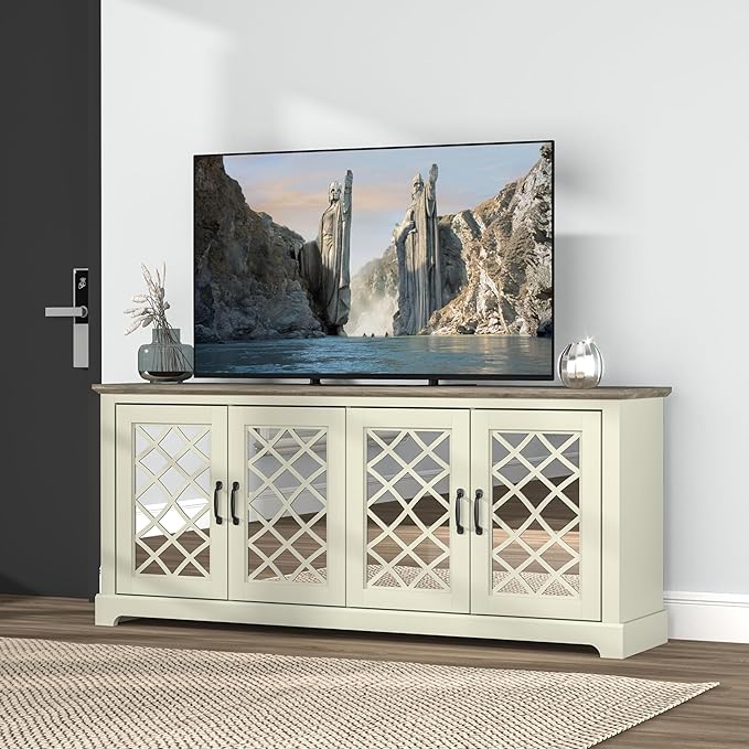 Farmhouse TV Stand for Television Up to 75 Inches, 4 Mirror Doors Entertainment Center