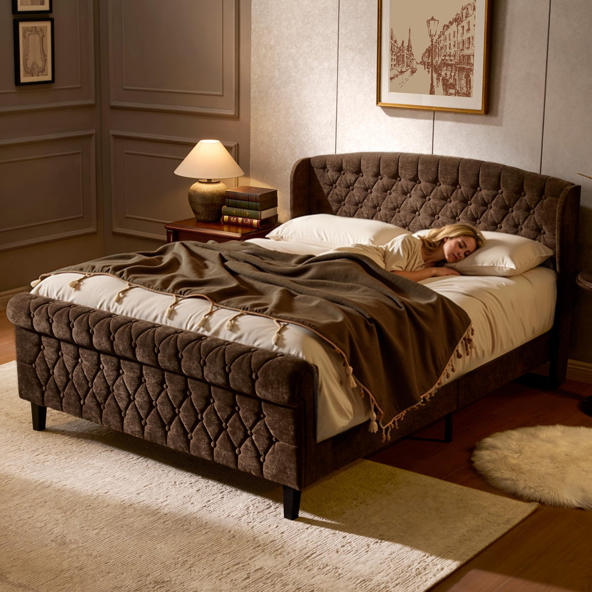 Full Size Sleigh Bed Frame with Wingback Headboard, Chenille Upholstered Platform Bed