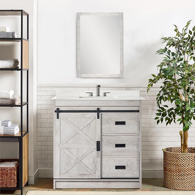 Bathroom Vanity with Sink, Solid Wood Vanity Cabinet with Carrara Marble Stone Top