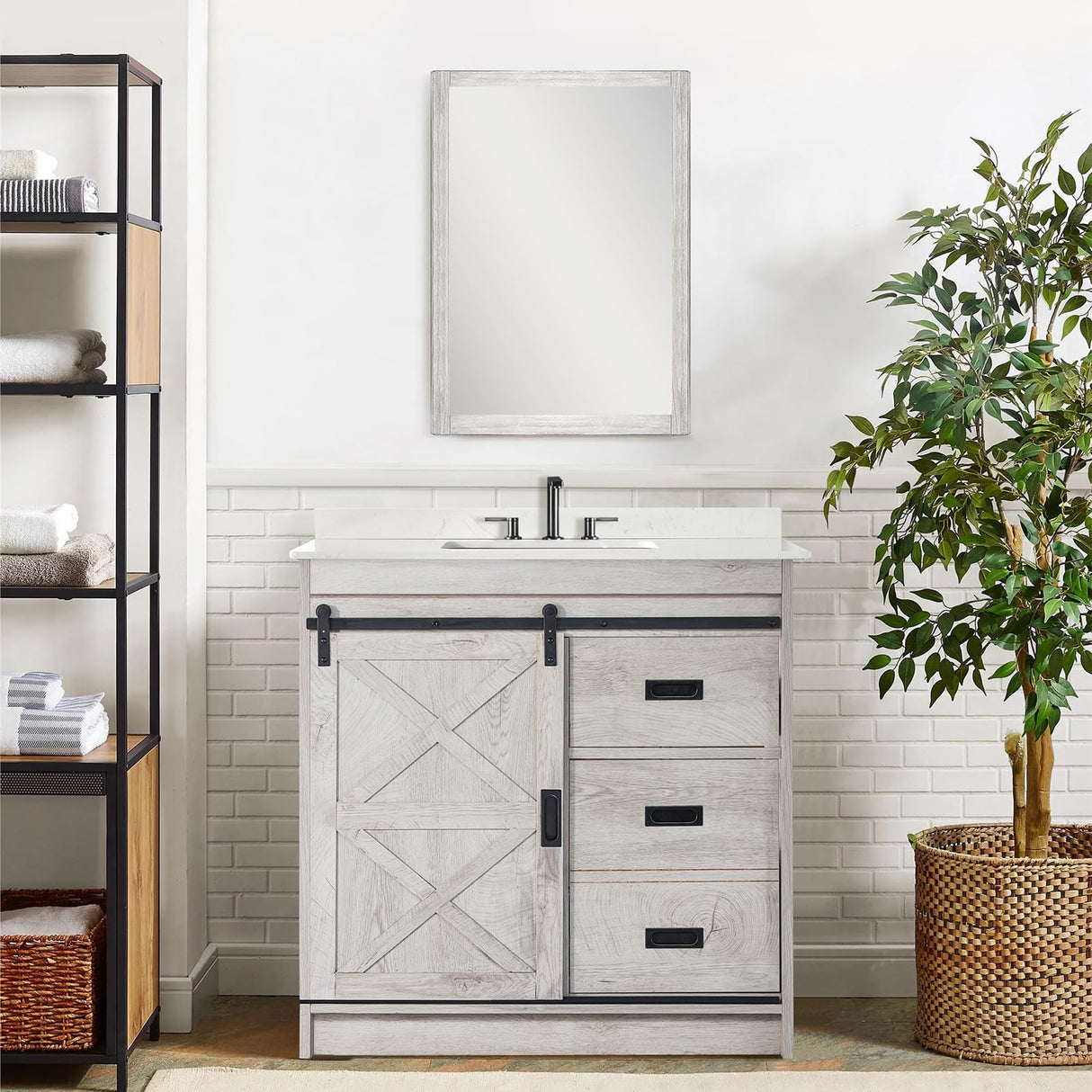 Bathroom Vanity with Sink, Solid Wood Vanity Cabinet with Carrara Marble Stone Top