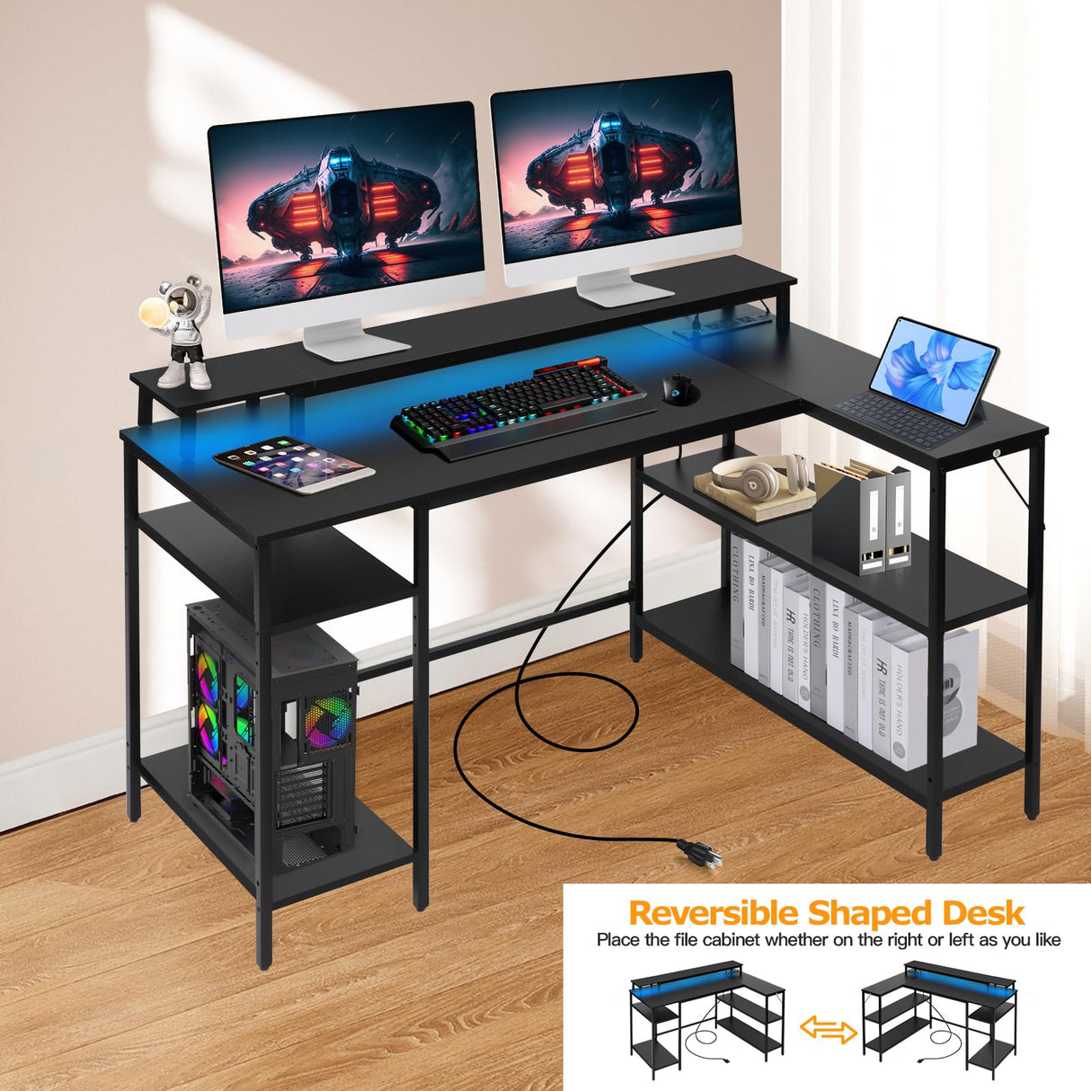 L Shaped Gaming Desk with LED Lights & Power Outlets, Reversible Computer Desk