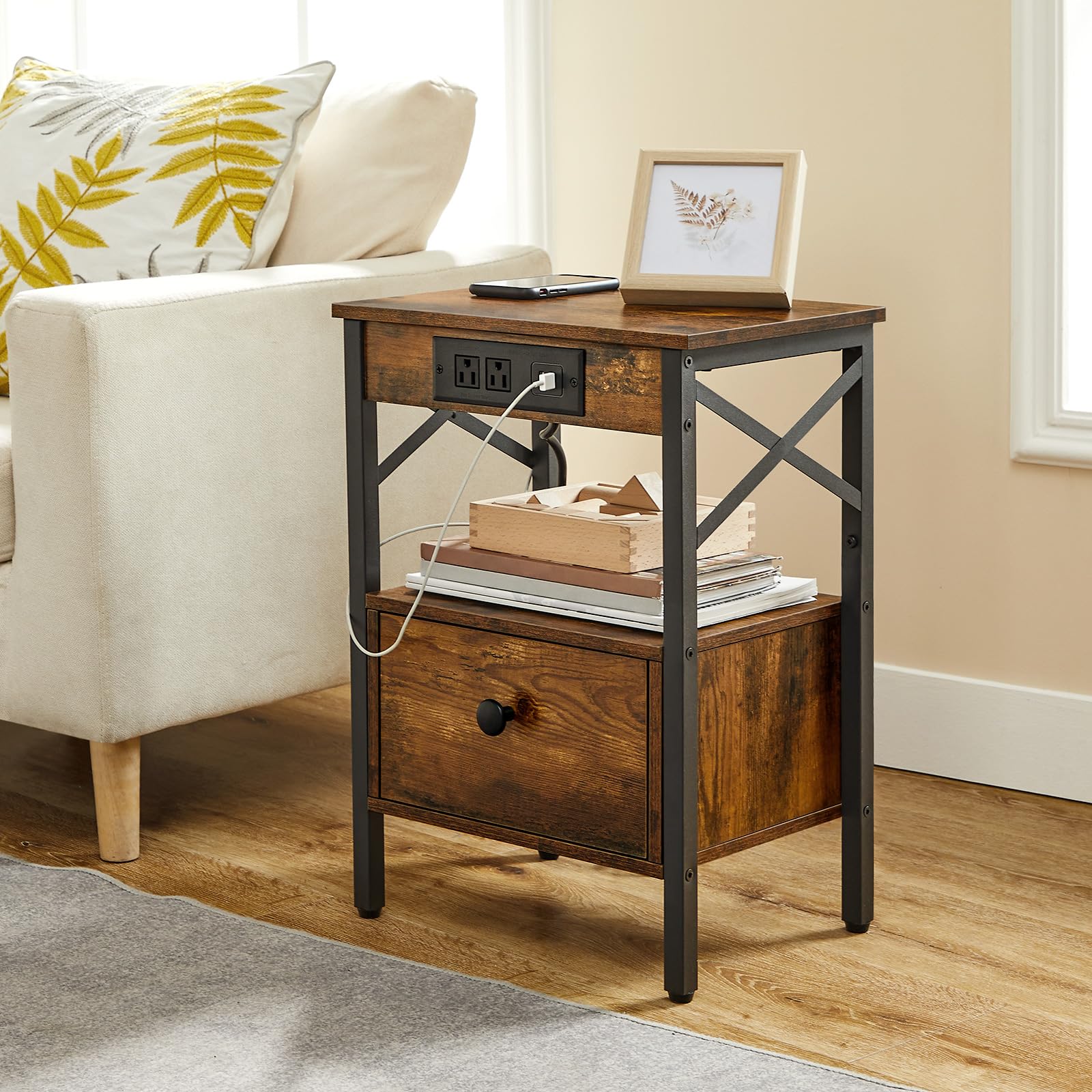 Nightstand Set of 1/2 with Charging Station, End Table Set