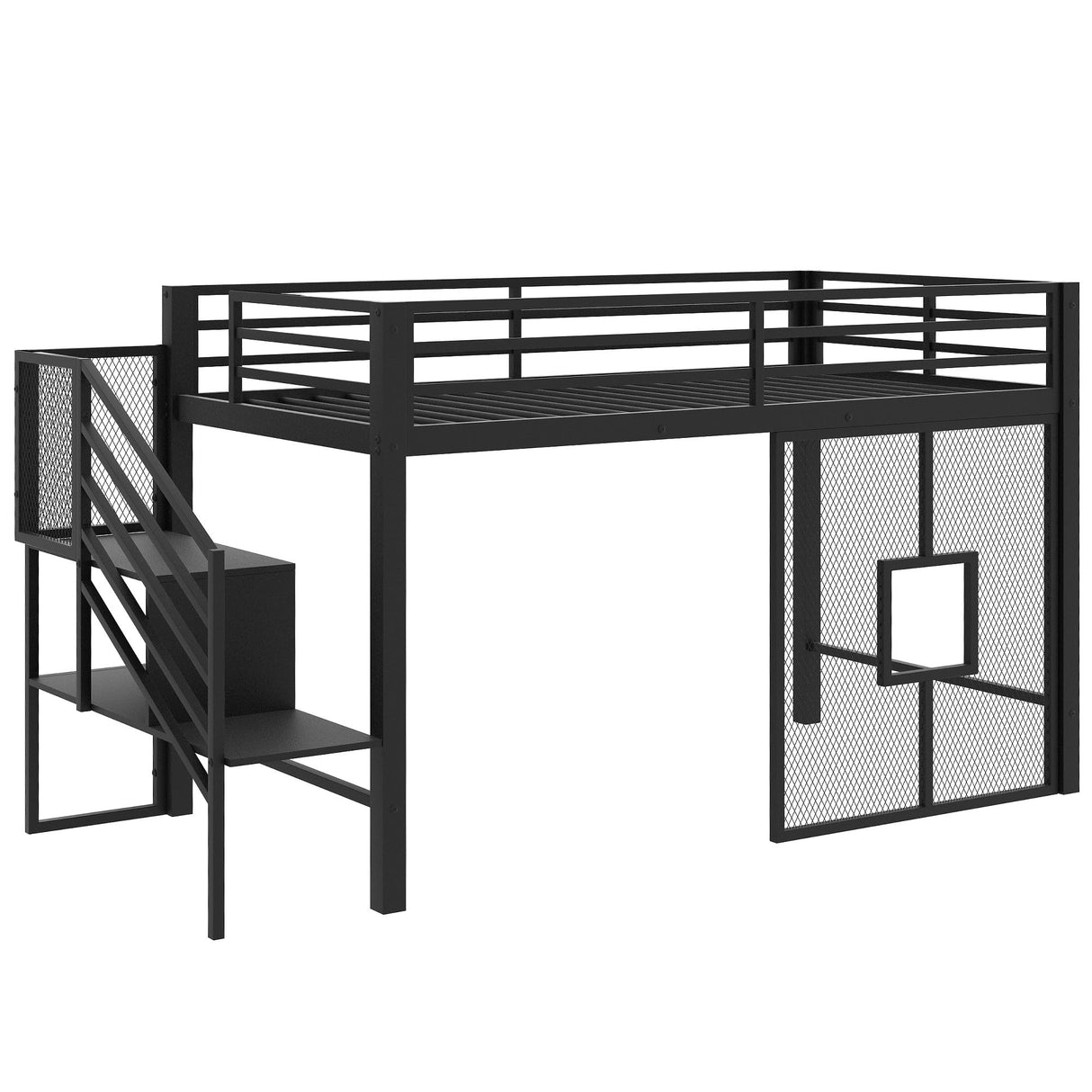 Twin Size Metal Low Loft Bed Frame with Storage Staircase and Iron mesh, Black