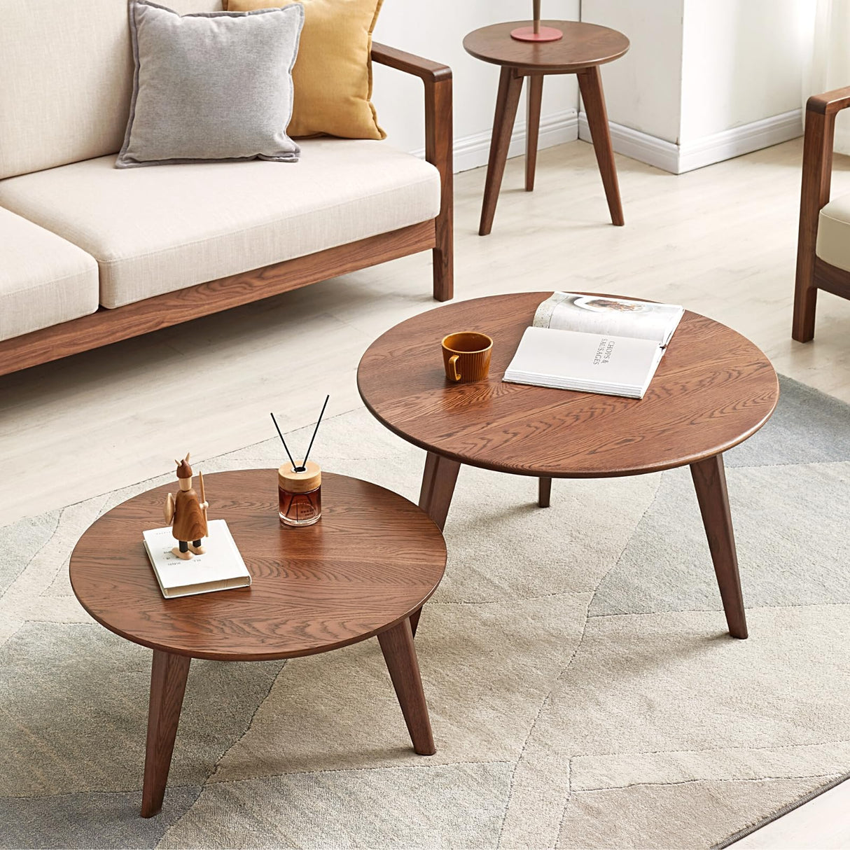 Round Coffee Table - 100% Solid Oak Wood Low Coffee Table