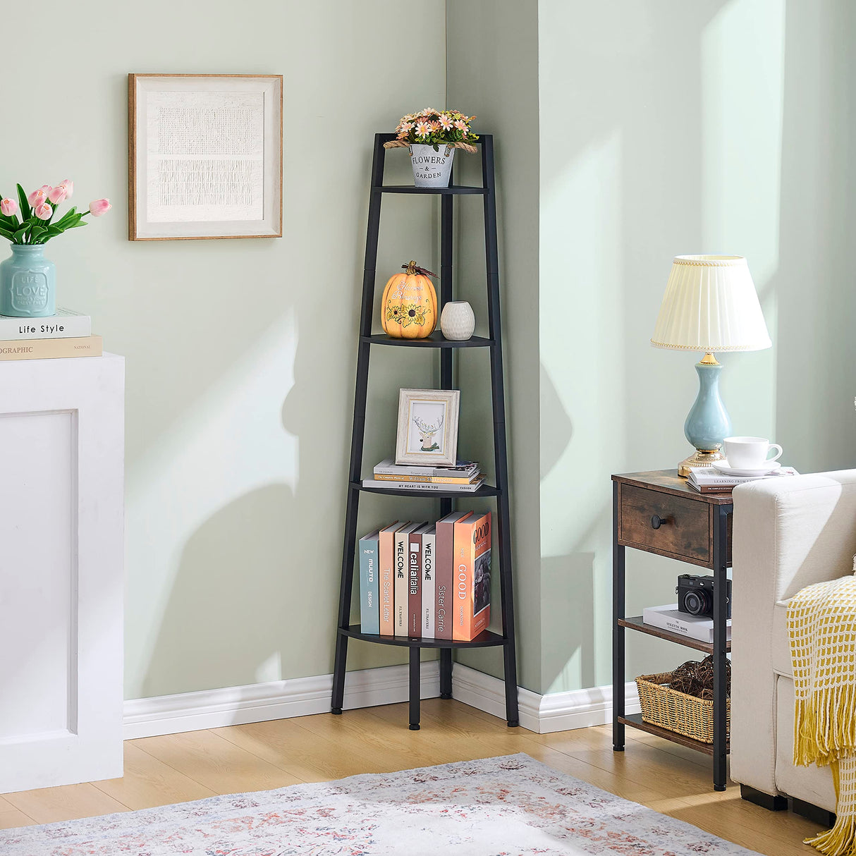 Corner Shelf, 4-Tier Corner Bookshelf, Rustic Corner Ladder Shelf